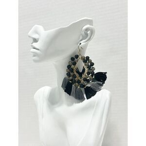 Shiraleah Statement Fringe Tassel Beaded Earrings Dangle Drop Black Gray Gold‎